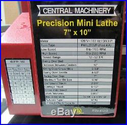 Central Machinery 7x10 Precision Mini Lathe with Manual, Fuses, Tools
