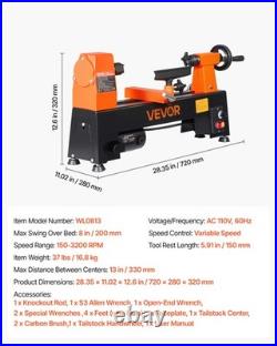 VEVOR Wood Lathe 1/3 HP 8 x 13 Mini Benchtop Woodworking Lathe Variable Speed